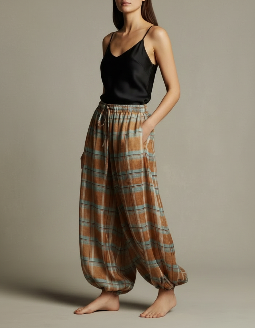 Pantalon Fluide Plaid Marron Bleu Ample Bohème - Viscose