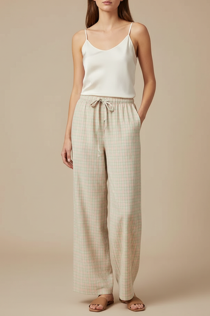Pantalon Fluide Carreaux Ample Cordon Décontracté Femme - Imprimé Lin