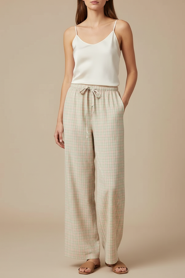 Pantalon Fluide Carreaux Ample Cordon Décontracté Femme - Imprimé Lin