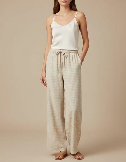 Pantalon Fluide Carreaux Ample Cordon Décontracté Femme - Imprimé Lin