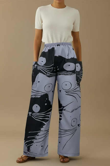 Pantalon Fluide Ample Imprimé Chats Noir Gris Décontracté - Polyester
