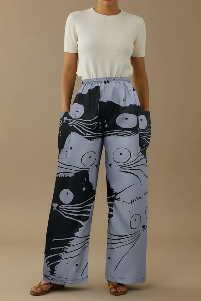 Pantalon Fluide Ample Imprimé Chats Noir Gris Décontracté - Polyester