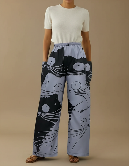 Pantalon Fluide Ample Imprimé Chats Noir Gris Décontracté - Polyester