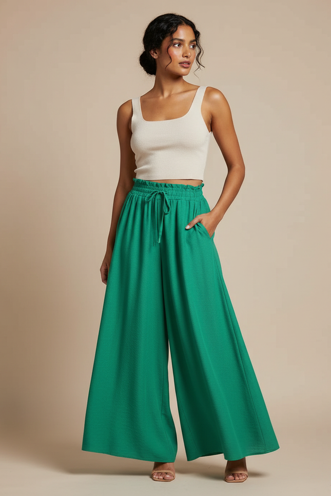 Pantalon Fluide Femme Ceinture Elastique - Vert Viscose