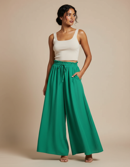 Pantalon Fluide Femme Ceinture Elastique - Vert Viscose