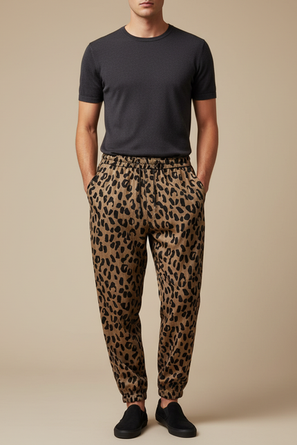 Pantalon Fluide Léopard Ample Confortable Homme Marron - Viscose