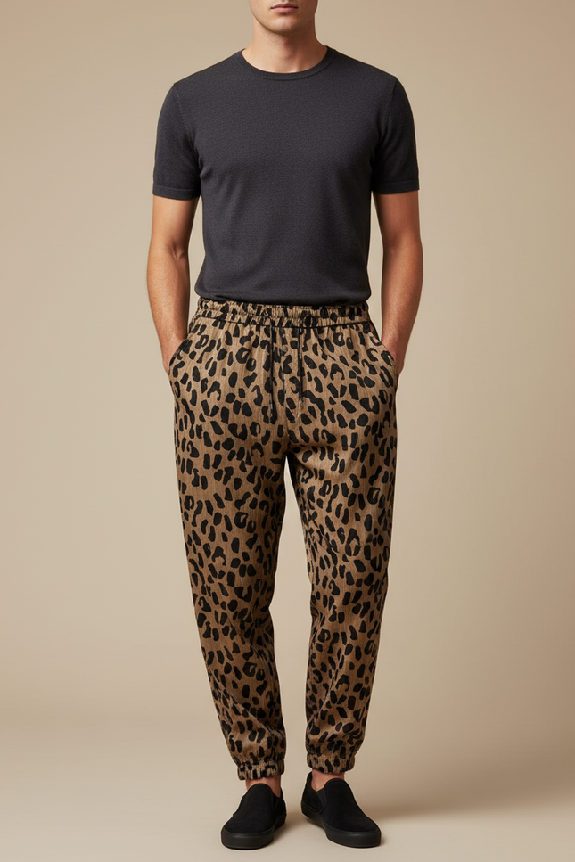 Pantalon Fluide Léopard Ample Confortable Homme Marron - Viscose