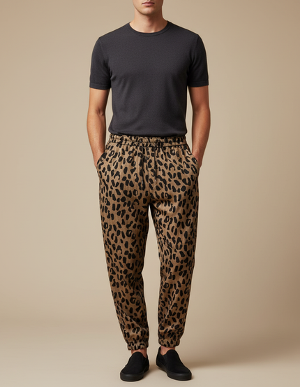 Pantalon Fluide Léopard Ample Confortable Homme Marron - Viscose