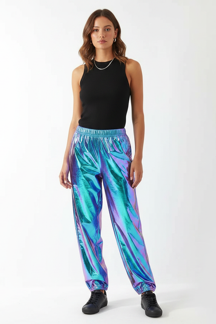 Pantalon Fluide Holographique Métallisé Ample Brillant Femme - Multicolore Polyester