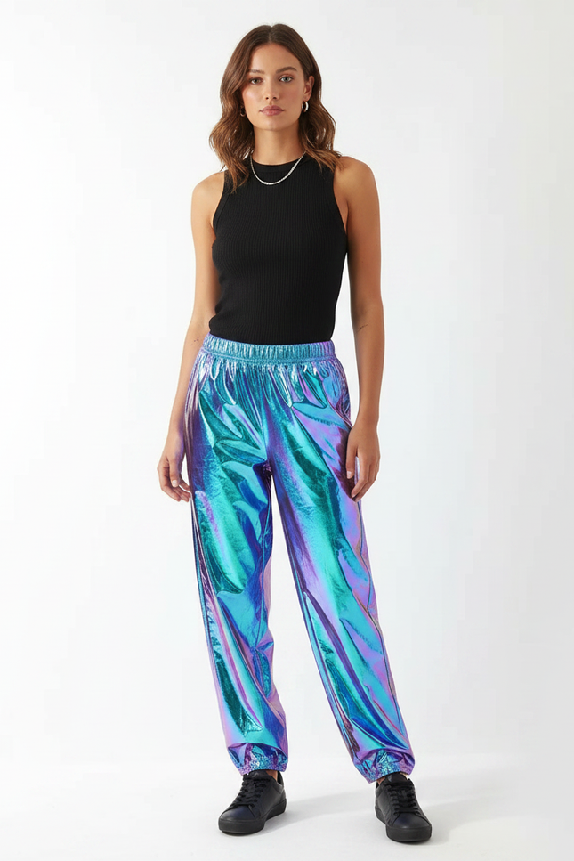 Pantalon Fluide Holographique Métallisé Ample Brillant Femme - Multicolore Polyester