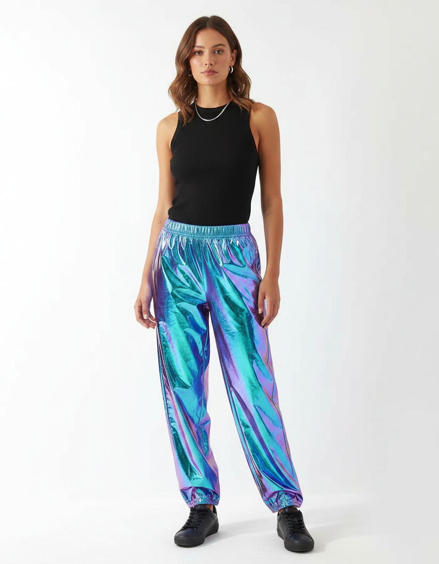 Pantalon Fluide Holographique Métallisé Ample Brillant Femme - Multicolore Polyester