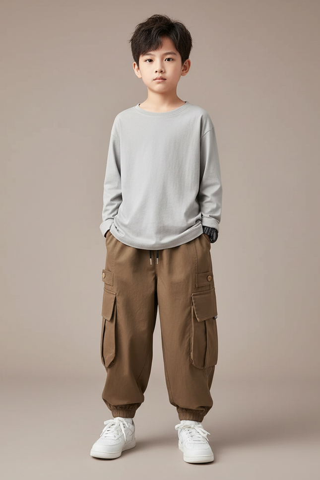 Pantalon Fluide Garçon Marron Coupe Ample - Toile