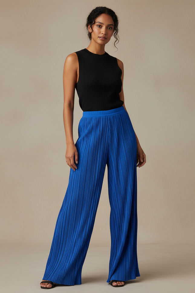 Pantalon Fluide Plissé Bleu Royal Ample Élégant - Polyester