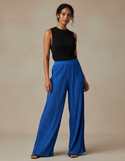 Pantalon Fluide Plissé Bleu Royal Ample Élégant - Polyester