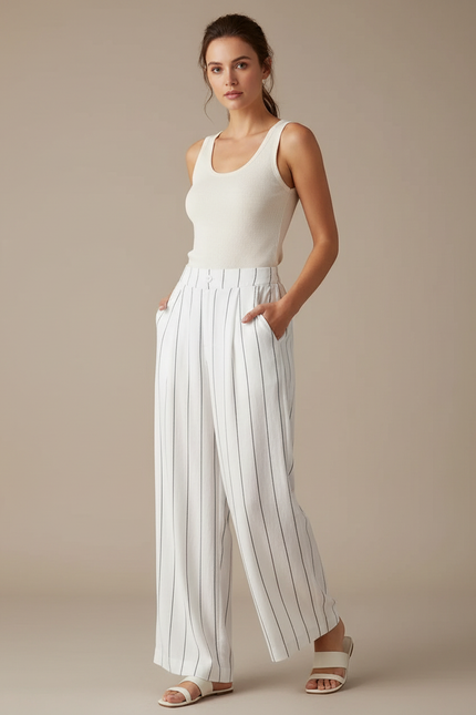 Pantalon Fluide Blanc Rayé Ample Lin Décontracté Femme