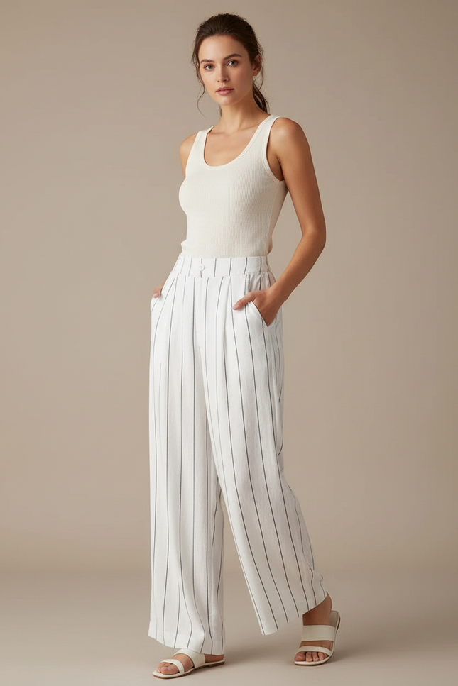 Pantalon Fluide Blanc Rayé Ample Lin Décontracté Femme