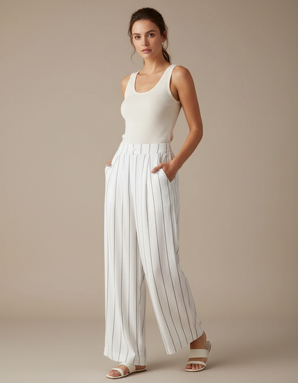 Pantalon Fluide Blanc Rayé Ample Lin Décontracté Femme