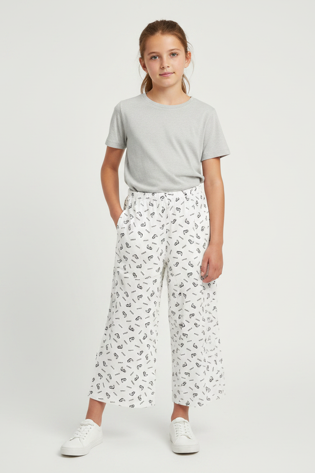 Pantalon Fluide Blanc Imprimé Ample Décontracté Enfant - Viscose