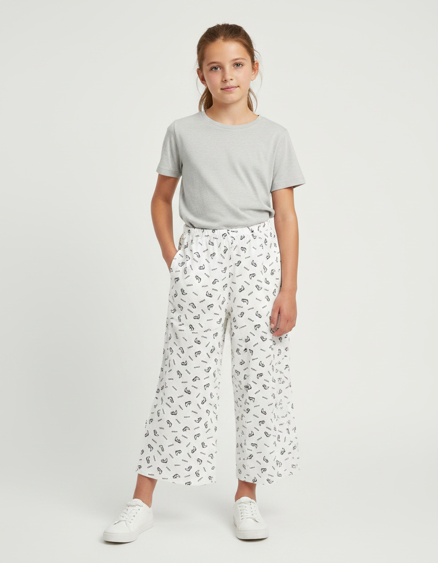 Pantalon Fluide Blanc Imprimé Ample Décontracté Enfant - Viscose