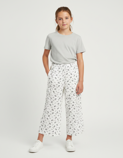 Pantalon Fluide Blanc Imprimé Ample Décontracté Enfant - Viscose