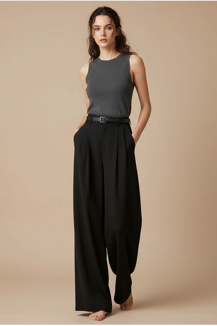 Pantalon Fluide Noir Ample Taille Haute Plissé Chic - Polyester