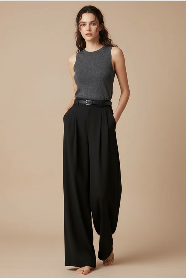 Pantalon Fluide Noir Ample Taille Haute Plissé Chic - Polyester
