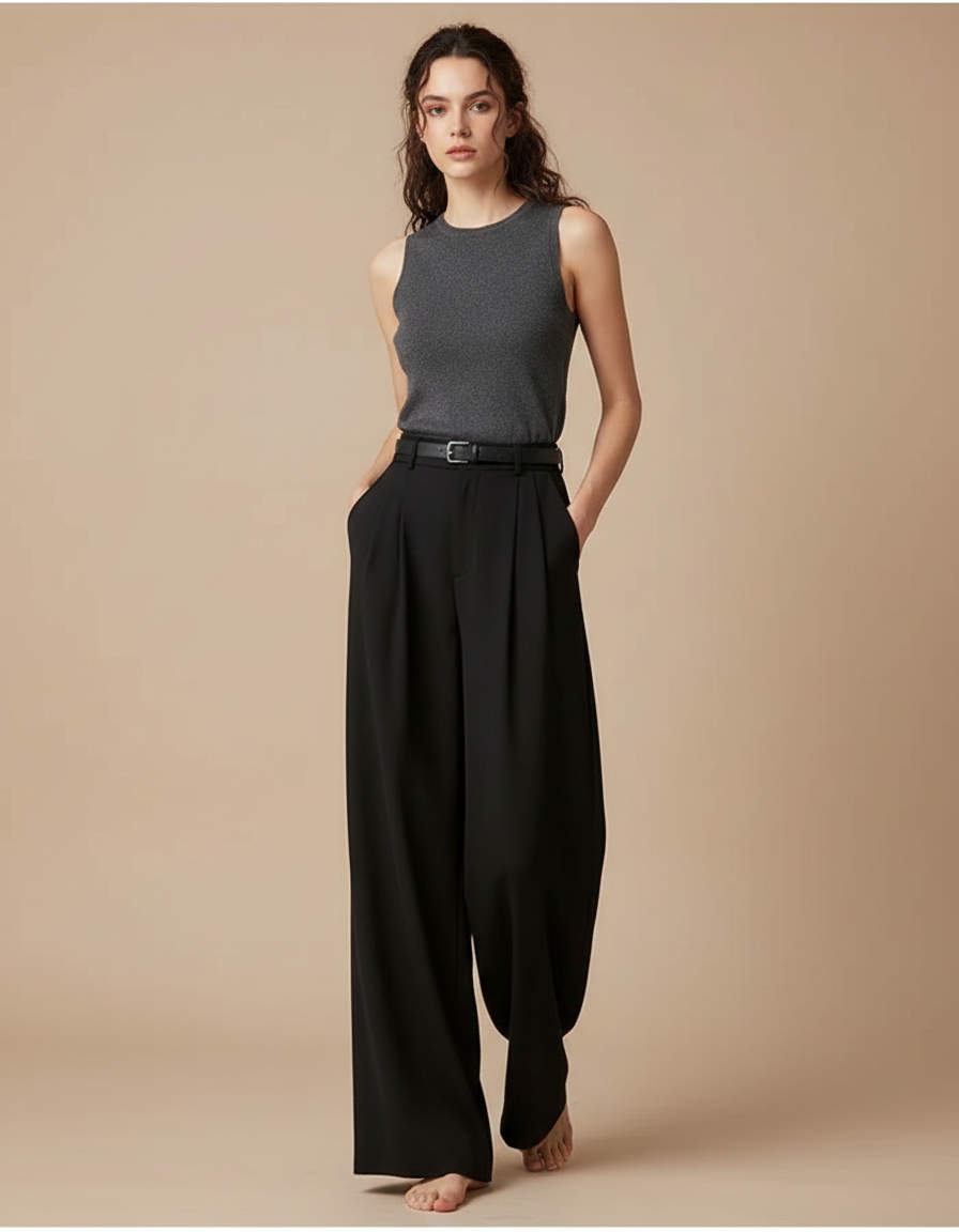Pantalon Fluide Noir Ample Taille Haute Plissé Chic - Polyester
