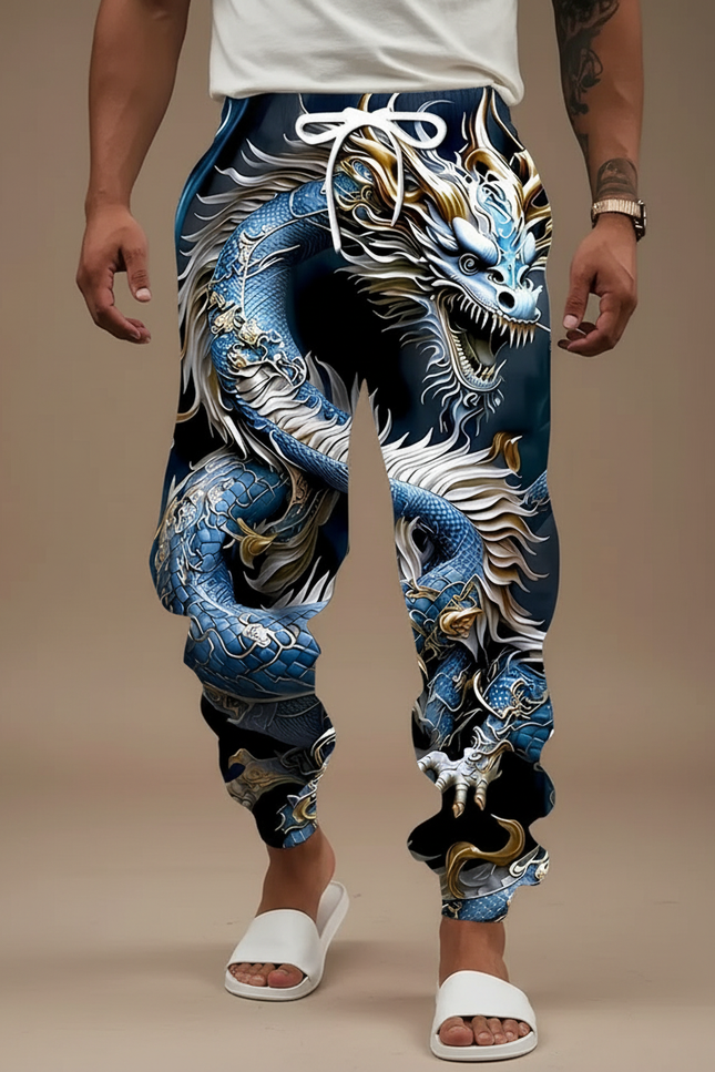 Pantalon Fluide Dragon Bleu Ample Décontracté Homme - Polyester