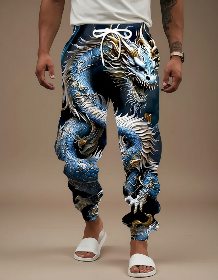 Pantalon Fluide Dragon Bleu Ample Décontracté Homme - Polyester