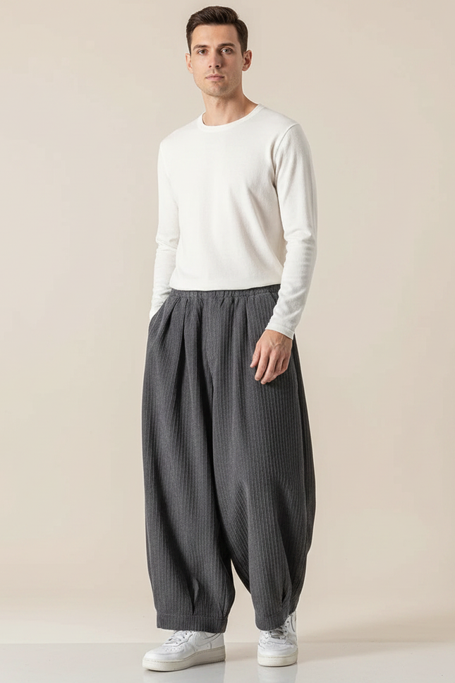 Pantalon Fluide Gris Côtelé Ample Homme Décontracté Harem - Cordé