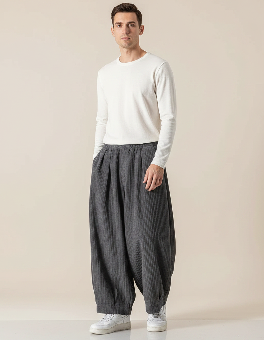 Pantalon Fluide Gris Côtelé Ample Homme Décontracté Harem - Cordé