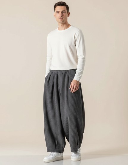 Pantalon Fluide Gris Côtelé Ample Homme Décontracté Harem - Cordé