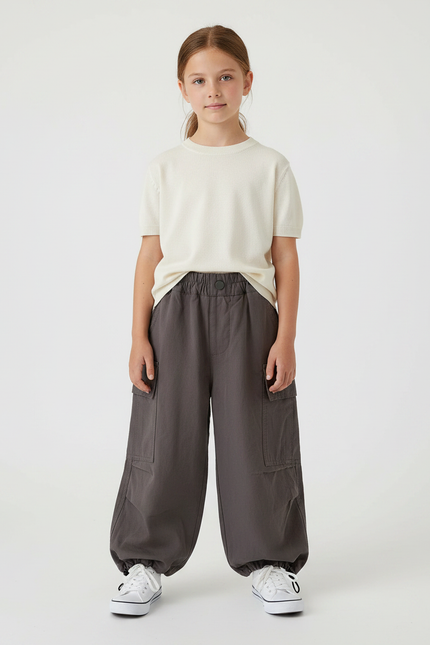 Pantalon Fluide Gris Ample Cargo Coton Enfant