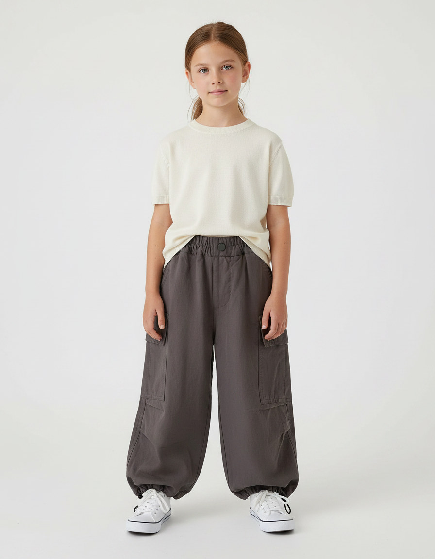 Pantalon Fluide Gris Ample Cargo Coton Enfant