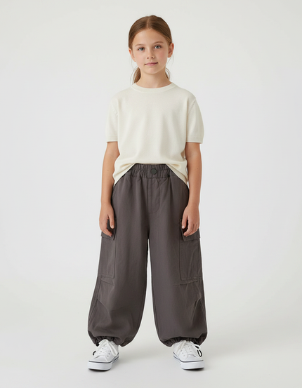 Pantalon Fluide Gris Ample Cargo Coton Enfant