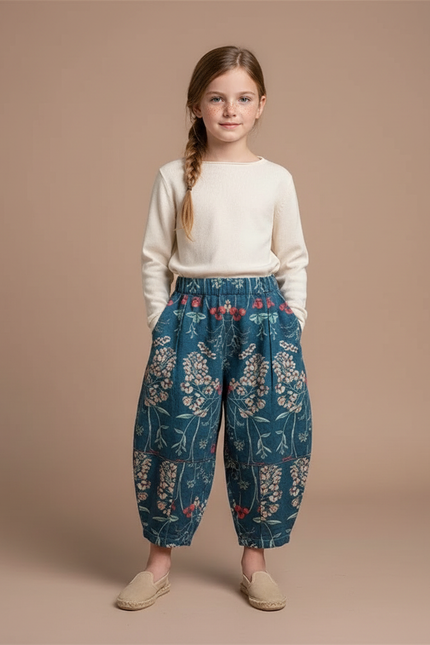 Pantalon Fluide Bleu Floral Ample Enfant Coton