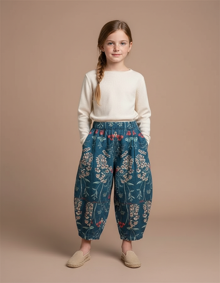 Pantalon Fluide Bleu Floral Ample Enfant Coton