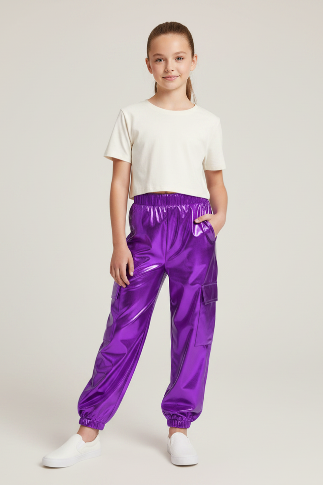 Pantalon Fluide Violet Métallisé Cargo Brillant Fille - Polyester