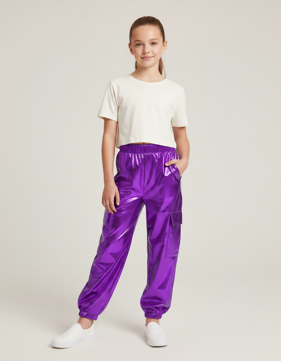Pantalon Fluide Violet Métallisé Cargo Brillant Fille - Polyester