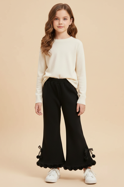 Pantalon Fluide Noir Évasé Pompons Fille Hiver - Molleton