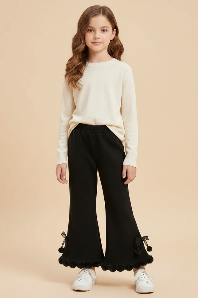 Pantalon Fluide Noir Évasé Pompons Fille Hiver - Molleton