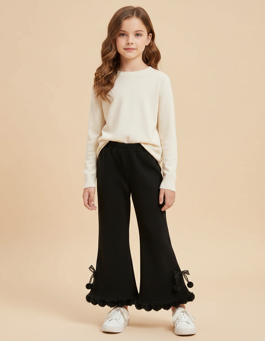 Pantalon Fluide Noir Évasé Pompons Fille Hiver - Molleton