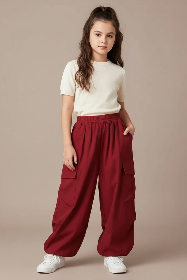 Pantalon Fluide Cargo Rouge Ample Décontracté Enfants - Bordeaux Coton