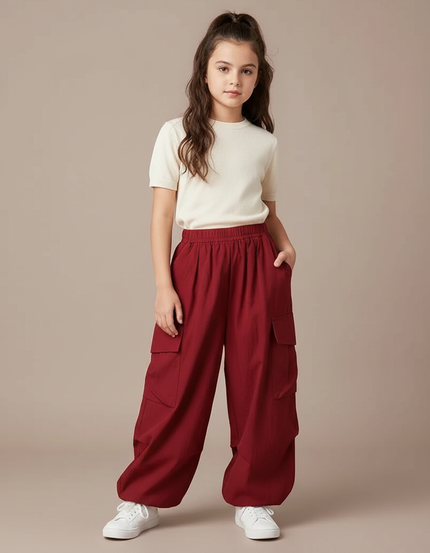 Pantalon Fluide Cargo Rouge Ample Décontracté Enfants - Bordeaux Coton
