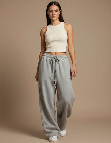 Pantalon Fluide Gris Ample Confortable Décontracté Sport Femme - Molleton