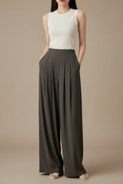 Pantalon Fluide Kaki Ample Plissé Taille Haute - Viscose