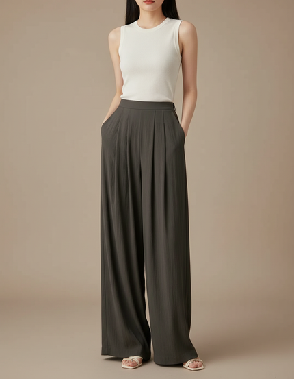 Pantalon Fluide Kaki Ample Plissé Taille Haute - Viscose