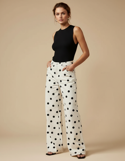 Pantalon Fluide Blanc Ample Pois Noir Femme - Jean