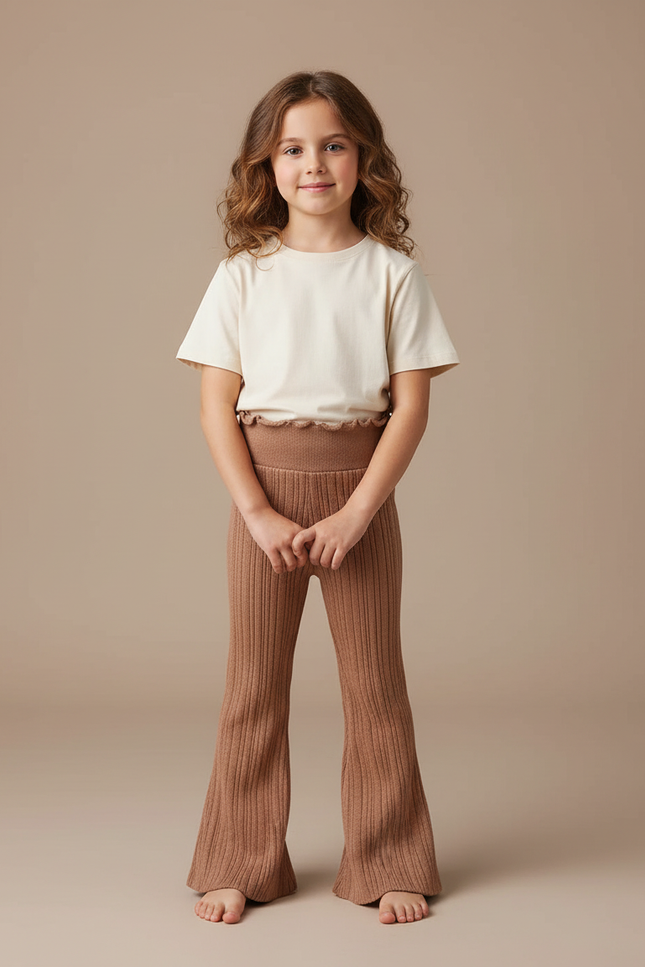 Pantalon Fluide Côtelé Marron Évasé Tricoté Enfant - Maille