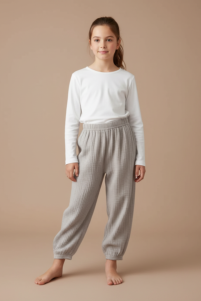 Pantalon Fluide Fille Gris Coupe Ample Gaze De Coton